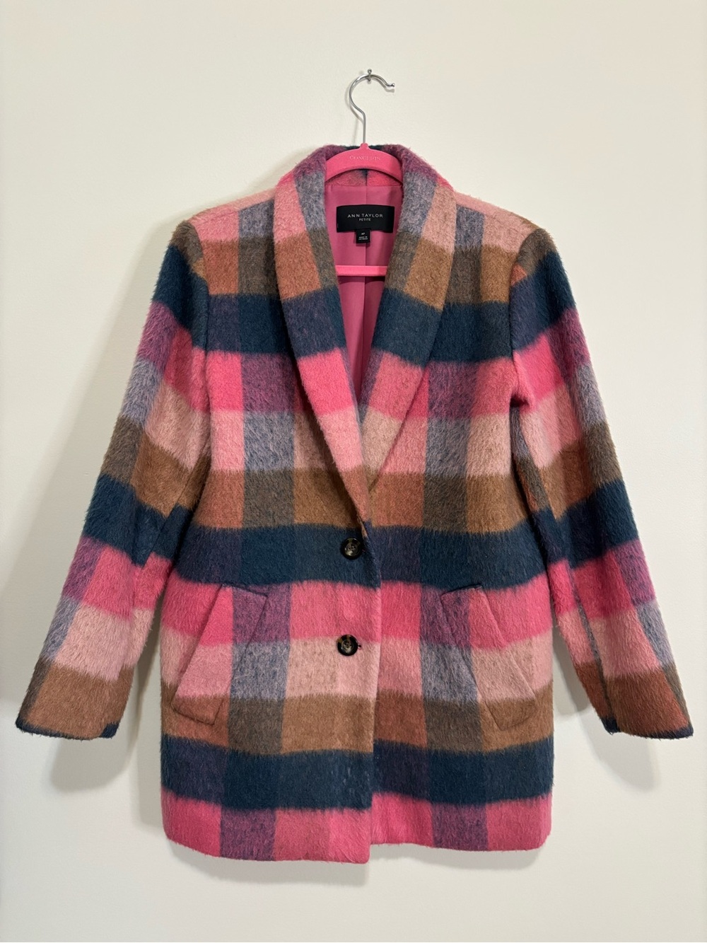 Ann Taylor Pink Navy Brown Plaid Blazer Coat - Picture 3 of 5